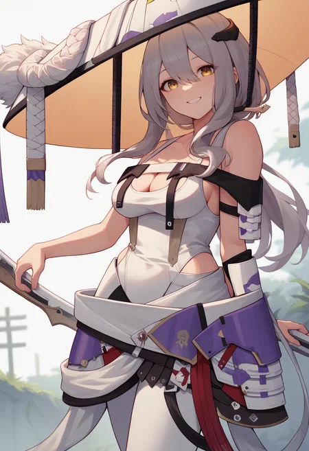 score_9, score_8_up, score_7_up, source_anime, BREAK 1girl, solo, <lora:scarlet-nikke-richy-v1_pdxl:1> scrltdef, yellow eyes, long hair, grey hair, hair ornament, hat, hat ornament, chest strap, white leotard, cleavage, bare shoulders, single shoulder pad, single vambrace, hip armor, white legwear, smile, looking at viewer,