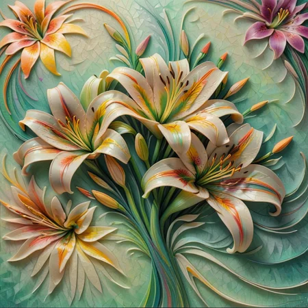 abstract floral print, lily, streaks, colored pencil, wool, popart style, Depth of Field, spring tones, spiral pattern, layered effect, mosaic inlay accents, holographic, satin texture, distressed finish <lora:artfully_ETHEREAL-GEOMETRIC-FLORAL-FUSION:1>,