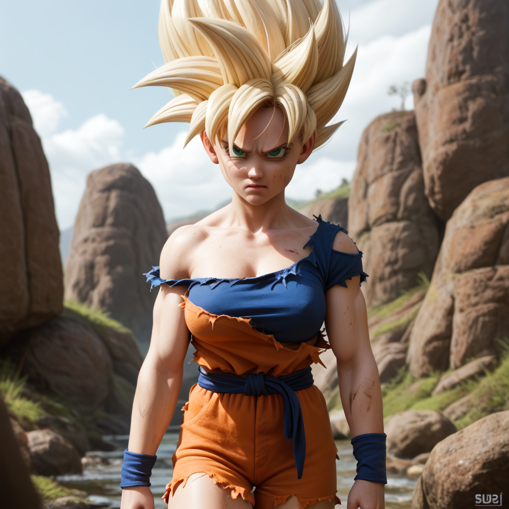 score_9_up, score_8_up, BREAK, goki, 1girl, solo, blonde hair, spiked hair, blue eyes, dougi, torn clothes, SSJ, super saiyan 1 , serious, cowboy shot, outdoors, <lora:Female_Goku_Goki_PXL_Leaf1:1>