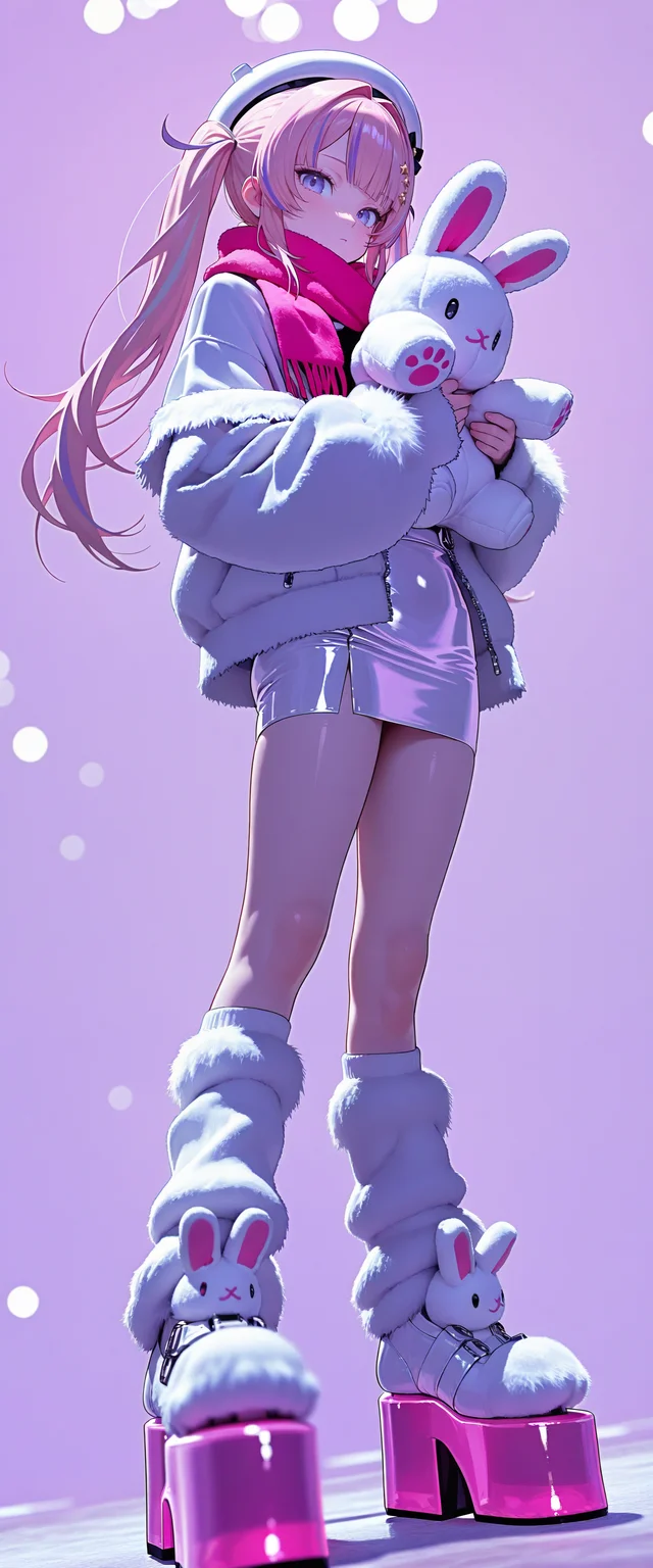 (best quality, masterpiece, depth of field, blurry, illustration, bokeh, incredibly_absurdres, dutch_angle)
(Bunf0rms, hololive hololive_dev_is kikirara_vivi highres official_art rabbit 1girl beret blue_eyes center-flap_bangs double-parted_bangs full_body fur-trimmed_jacket fur_skirt fur_trim hair_intakes holding stuffed_animal, leg_warmers long_hair looking_at_viewer multicolored_hair pencil_skirt pink_hair pink_scarf rabbit, platform_shoes purple_hair scarf simple_background standing streaked_hair twintails very_long_hair white_hat white_jacket white_leg_warmers white_shoes)