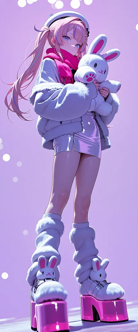 (best quality, masterpiece, depth of field, blurry, illustration, bokeh, incredibly_absurdres, dutch_angle)
(Bunf0rms, hololive hololive_dev_is kikirara_vivi highres official_art rabbit 1girl beret blue_eyes center-flap_bangs double-parted_bangs full_body fur-trimmed_jacket fur_skirt fur_trim hair_intakes holding stuffed_animal, leg_warmers long_hair looking_at_viewer multicolored_hair pencil_skirt pink_hair pink_scarf rabbit, platform_shoes purple_hair scarf simple_background standing streaked_hair twintails very_long_hair white_hat white_jacket white_leg_warmers white_shoes)