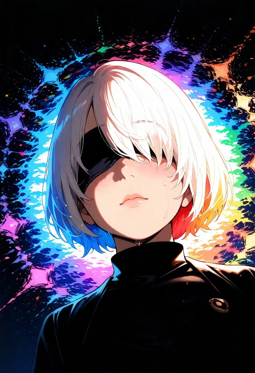 Yorha 2B, masterpiece, best quality, amazing quality, very aesthetic, absurdres, 1 girl, backlighting, blindfold, black, no eyes visible, white hair, blush, wet hair, wet skin, wet clothes, magic circles, sweet expression, looking at viewer, close-up of face, face in shadow, body in shadow, dark setting, strict office suit, thin lips, narrow mouth, solo upper body, angle from above, Dutch angle, hand is not on my cheek, it's raining, soft light, vibrant colors, multicolored rainbow light, focus on face, lots of soft light and colorful particles, colorful, masterpiece, best quality, amazing quality, very aesthetic, absurdres, newest, soft light, explosion of colors, masterpiece, best quality, colorful, bright, multicolored, bright colors of paint, masterpiece, best quality, amazing quality, very aesthetic, absurdres, lots of multicolored rainbow light, focus on the face, lots of soft light, soft colors,