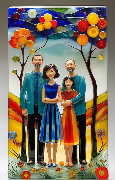 masterpiece,best quality,<lora:tbh372-sdxl:0.6>,illustration,style of Fused glass portrait of family