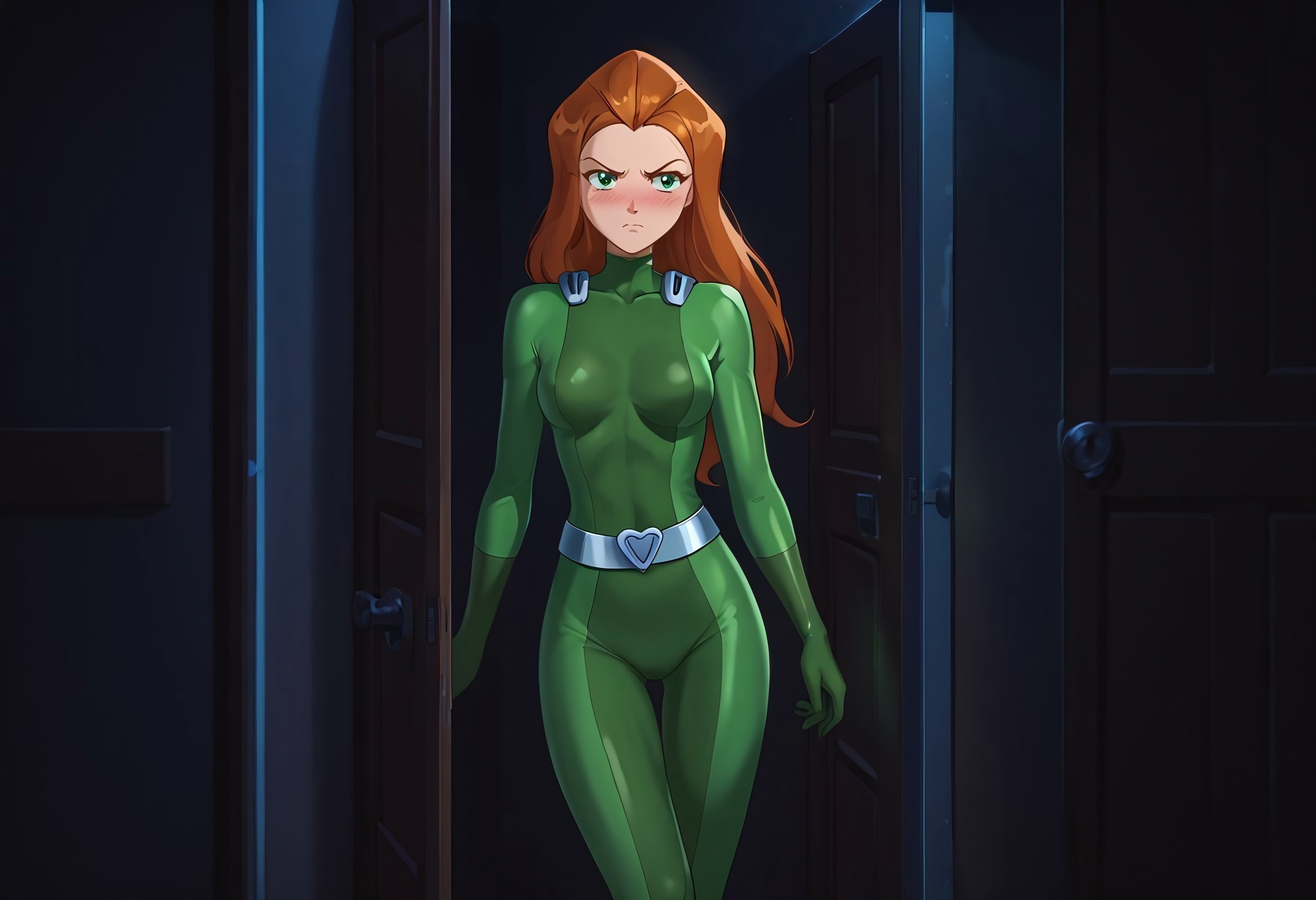 safe_pos, score_9, score_8_up, score_7_up, score_6_up, score_5_up, score_4_up, BREAK, solo, 1girl, sexy, medium breasts, sam \(totally spies\), orange hair, long hair, green eyes, green bodysuit, belt, (desperation:0.2), one hand on crotch, (leaning on wall:0.4), annoyed, inside of a closet, night, dark background, Low-key lighting, thin legs, long legs, (slender:1.5), (thin:1.5), small waist, thin thighs