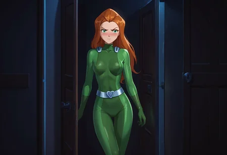 safe_pos, score_9, score_8_up, score_7_up, score_6_up, score_5_up, score_4_up, BREAK, solo, 1girl, sexy, medium breasts, sam \(totally spies\), orange hair, long hair, green eyes, green bodysuit, belt, (desperation:0.2), one hand on crotch, (leaning on wall:0.4), annoyed, inside of a closet, night, dark background, Low-key lighting, thin legs, long legs, (slender:1.5), (thin:1.5), small waist, thin thighs