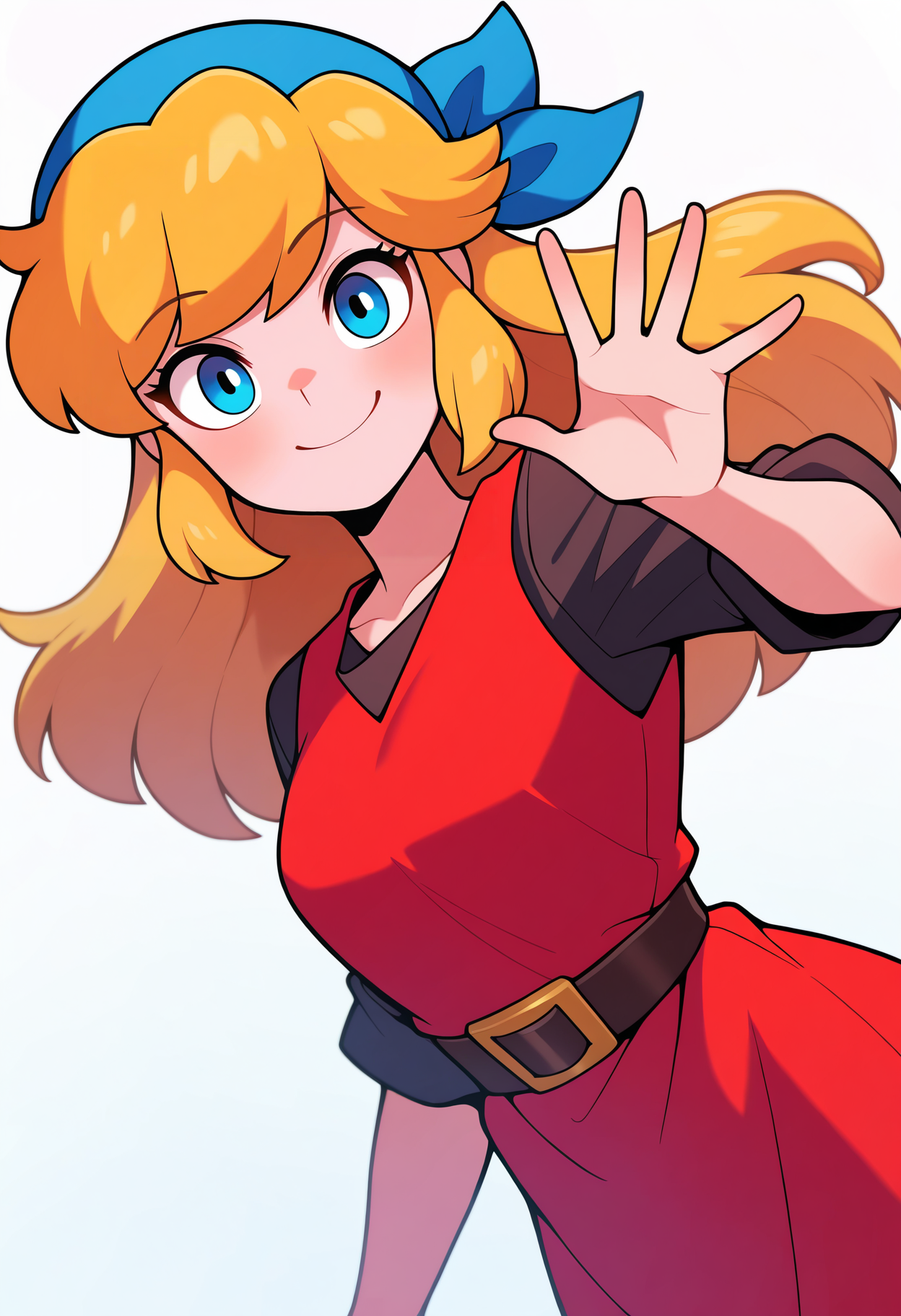 masterpiece, best quality, very aesthetic, absurdres,
1girl, cadence, blue eyes, blonde hair, long hair,
blue bandana, red tunic, belt,
upper body, waving,
smile, looking at viewer, solo, simple background, white background <lora:CadenceIllustriousXL_byKonan:1>