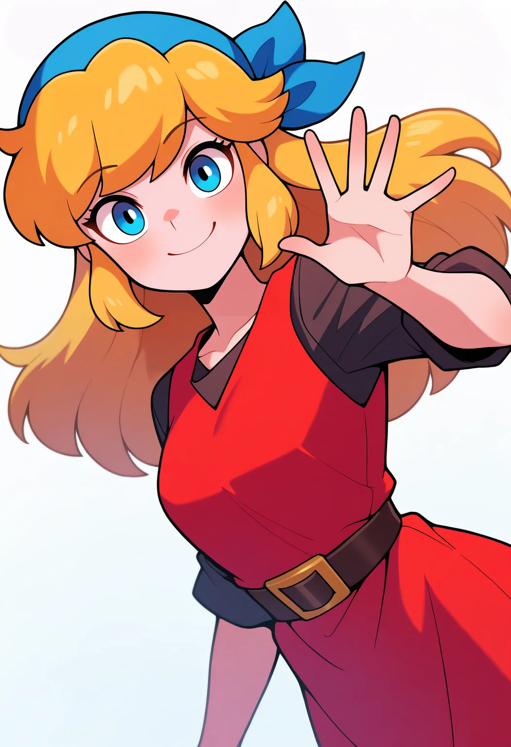 masterpiece, best quality, very aesthetic, absurdres,
1girl, cadence, blue eyes, blonde hair, long hair,
blue bandana, red tunic, belt,
upper body, waving,
smile, looking at viewer, solo, simple background, white background <lora:CadenceIllustriousXL_byKonan:1>