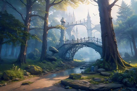 (Realistic:1.5) EdobFairyTaleLandscape, statue, planet, fog, short hair, bird, stone, stream, tree stump, nature, bridge, <lora:EdobFairyTaleLandscape_v1.0:0.8>