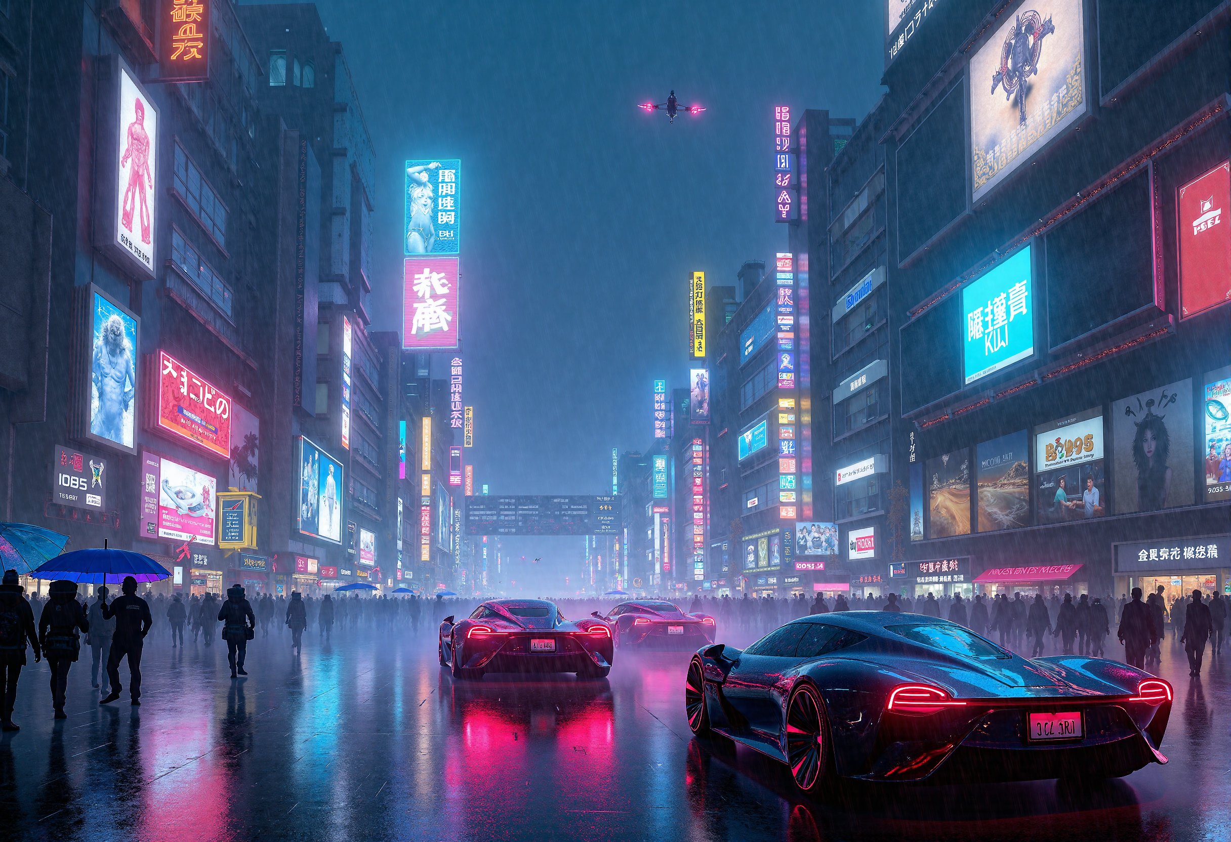 A highly detailed professional photograph capturing a futuristic Tokyo street scene at night, rendered in a cyberpunk aesthetic. The cityscape is bathed in vibrant neon lights, with a kaleidoscope of electric colorsâblues, purples, pinks, and redsâpouring from towering buildings that stretch high into the sky, their glass faÃ§ades shimmering with digital advertisements and holographic displays. The streets below are slick with rain, reflecting the glowing signs and vibrant lights, creating an almost mirror-like effect on the wet asphalt.
Futuristic, sleek cars glide through the street, their designs streamlined and ultra-modern, illuminated by glowing blue and red headlights and undercarriage lights, leaving faint trails of light in their wake as they speed through the city. In the background, towering billboards flicker with massive, holographic advertisements, while smaller drones hover above, silently patrolling the skies.
The street is bustling with life despite the heavy rainfall, with pedestrians wearing high-tech clothing and glowing accessories, moving under neon umbrellas that cast their own colored light. The rain creates a soft, misty haze, blurring the edges of the neon signs and car lights, adding an ethereal quality to the atmosphere. In the distance, a monorail zips past, its sleek silhouette barely visible through the rain and neon-lit fog. Darkness envelops the city, but the vivid, pulsing lights create an otherworldly ambiance, blending the high-tech allure of the future with the gritty, dystopian undercurrent that permeates the cyberpunk genre. The mood is both vibrant and foreboding, capturing the essence of a futuristic metropolis that never sleeps.