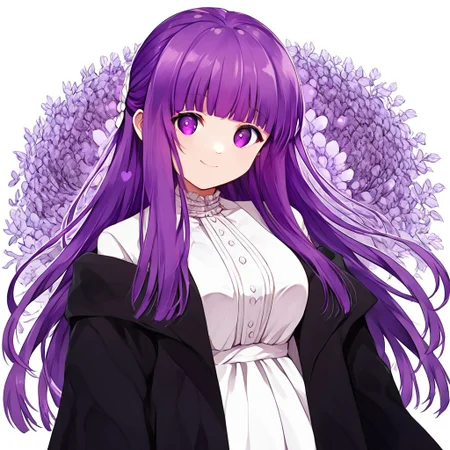 score_9, score_8_up, score_8, score_7_up, 
1girl, solo,
fern \(sousou no frieren\), large breasts, long hair, purple hair, half updo, blunt bangs, purple eyes, open robe, dark robe, white dress, long dress,
polka dots background, smile, close shot, cute girl, looking at viewer, (cowboy shot:1.1),
cute, kawaii, hearts,