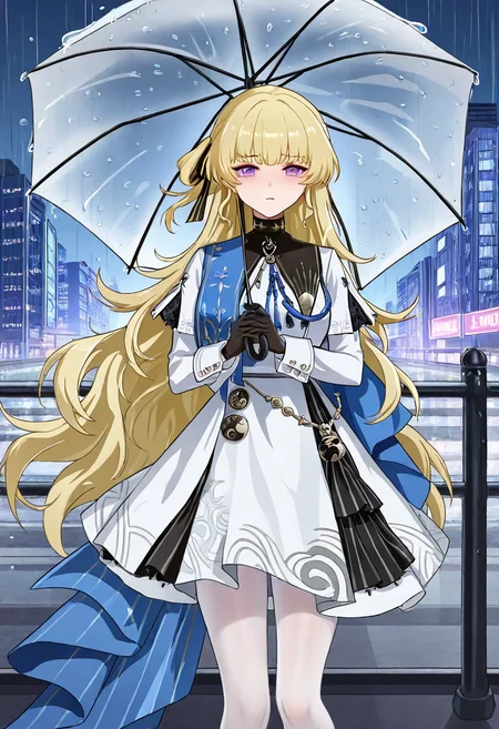 1girl, solo, phoebe wuthering waves, blonde hair, purple eyes, black gloves, blue sash, side cape, blue cape, long sleeves, white dress, white pantyhose, looking at viewer,
holding out umbrella toward viewer, concerned expression, pov receiving umbrella, rainy city street, mid-range, three-quarter view, raindrops falling in background, kind and considerate
, <lora:Character_Phoebe-000015:0.8>