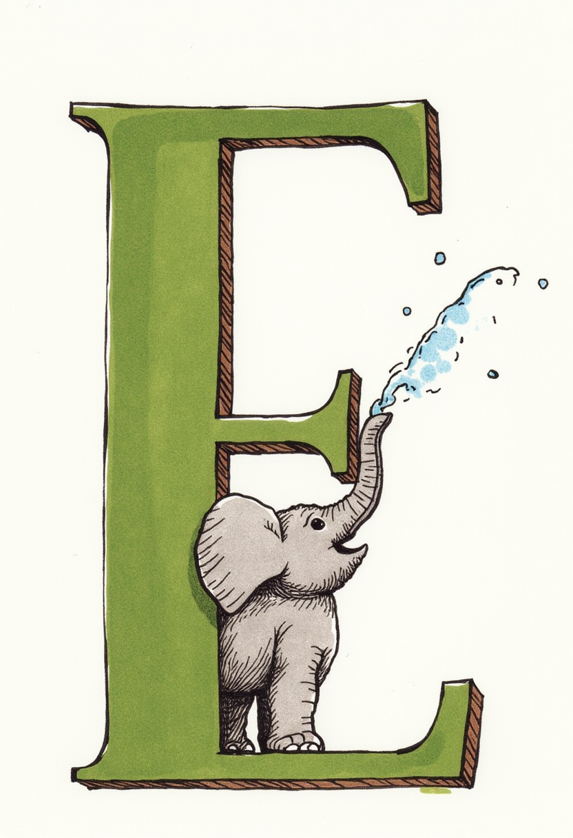 watercolor and ink illustration by Kate Greenaway. Features large green letter 'E' with brown border, showcasing an elephant spraying water out of its trunk