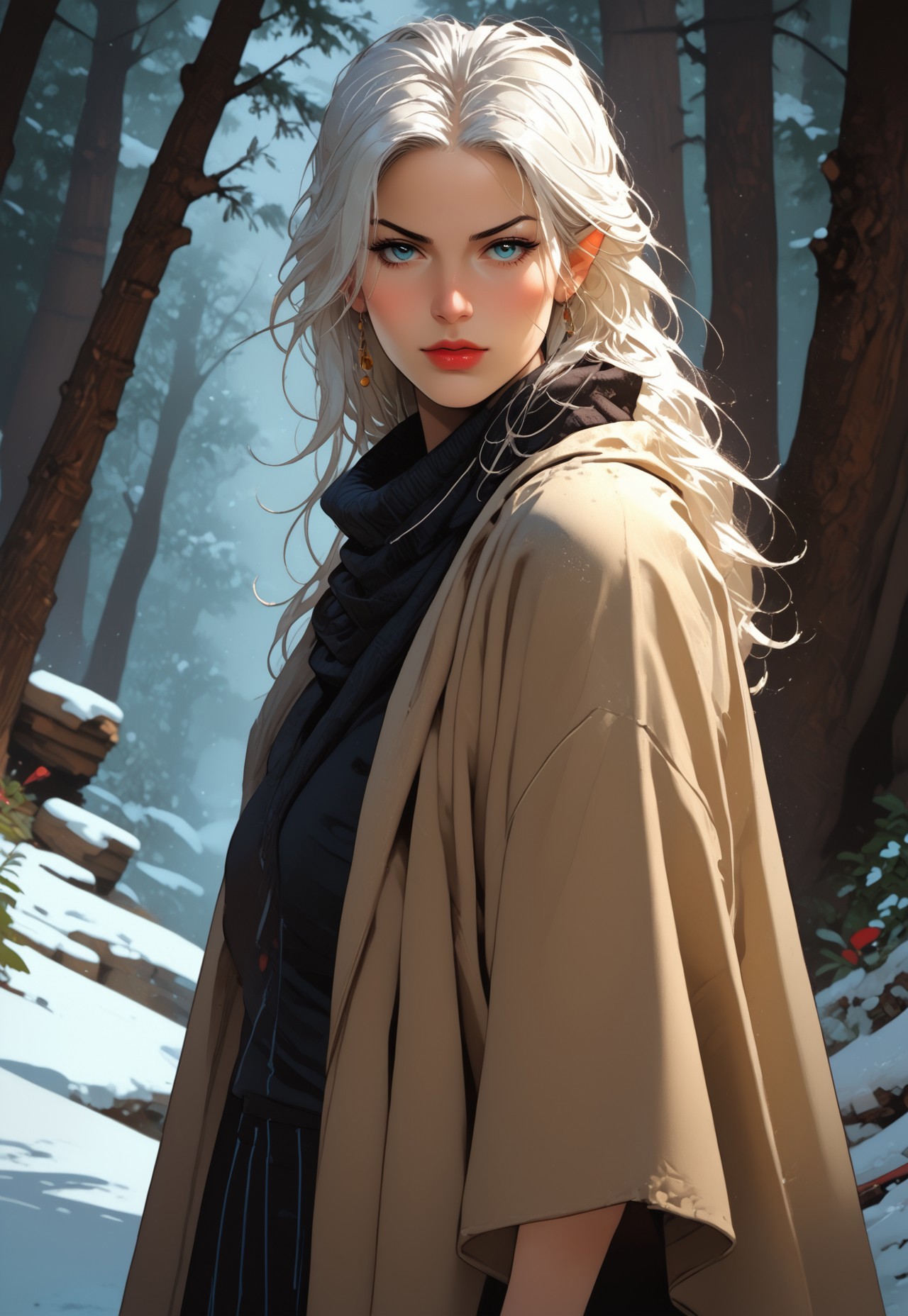 safe_pos, safe_pos, score_9, score_8_up, score_7_up, 
BREAK,
 an elf warrior kneeling on snow-covered ground in a dense, dark forest of tall trees with bark textures and vertical grooves. she has long, flowing white hair with bangs framing her face and pointed ears, characteristic of an elf. She wears intricately designed silver armor adorned with brass accents, colored gemstones (red, blue, green, yellow) embedded at joints and shoulders, and a fur-lined cloak draped over her shoulders. Her expression is focused and serious as she gently holds the face of a snowy white leopard with black spots. The leopard sits next to her, and looks calmly at the viewer with striking blue eyes. Snowflakes are falling softly throughout the scene, creating a serene and mystical atmosphere. The background features more leafless trees extending into the distance, their branches covered in snow. Dim light filters through the thick canopy, casting shadows and highlights across the scene. The lighting is cool, enhancing the wintry feel of the environment and highlighting the reflective surfaces of the armor and the soft texture of the leopard's fur.
BREAK,
dutch angle, masterpiece , random pose
BREAK,
Forest, snow, huge gigantic raindeer companion 