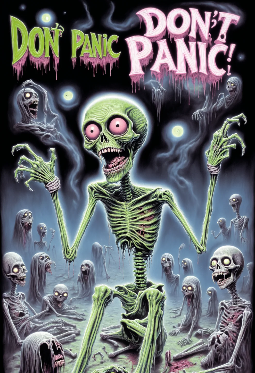 DonMD0n7P4n1cXL, text "DON'T PANIC!", ghoul, humanoid monstrous creature, emaciated corpse like appearance, decayed or mummified skin, sunken or glowing eyes, sharp teeth, clawed hands, predatory appearance, nocturnal, tattered or burial clothing, undead, constructive,unhealthy,cultural fusion <lora:DonMD0n7P4n1cXL:1>