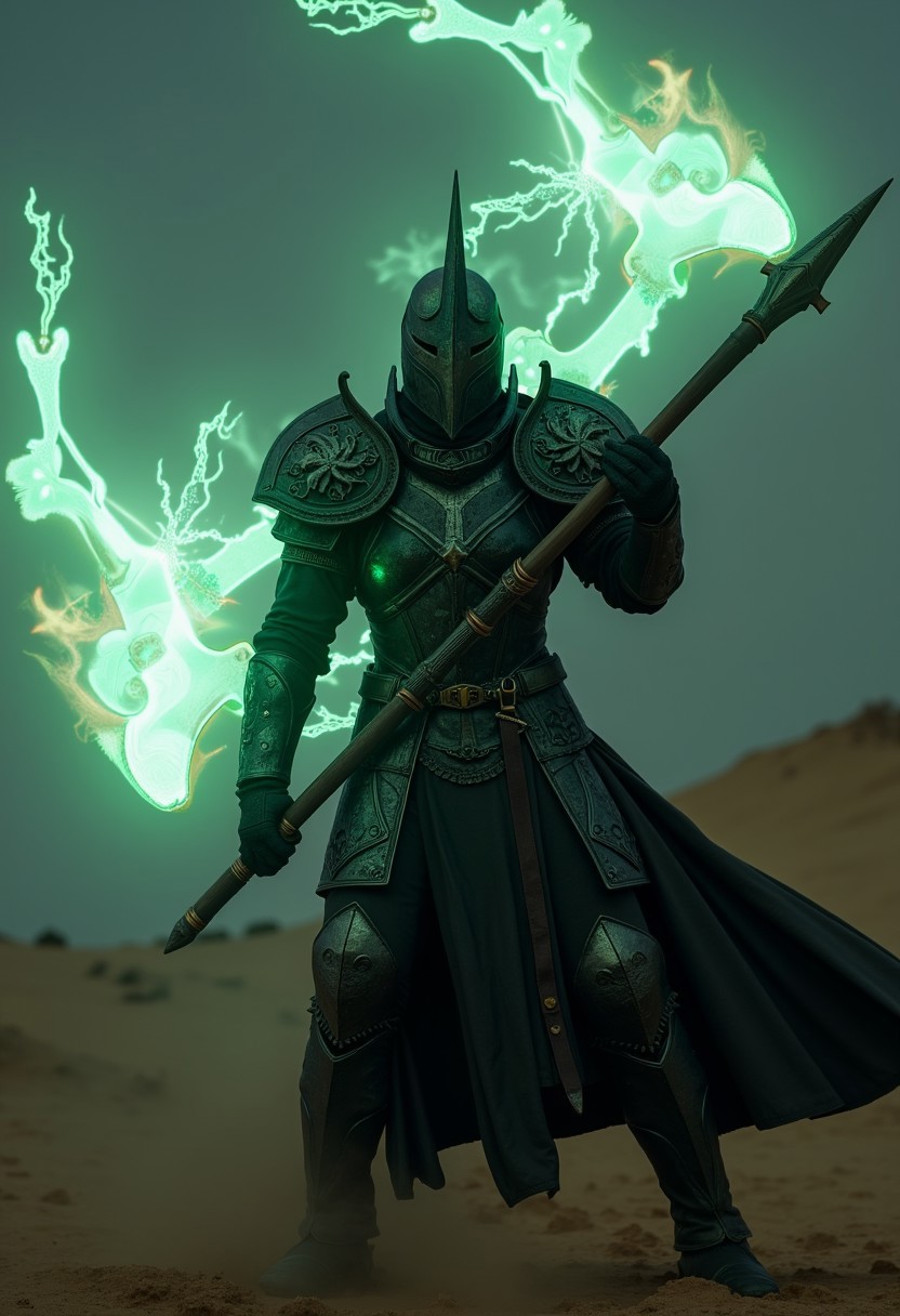 A dark fantasy action scene 6k movie stil-shot captures a dark, menacing towering 'warforged'  knight in the heat of an intense, action-packed battle, reminiscent cinematic movie-still-shot using 6k dragon red camera. The knight’s intricately designed, battle-worn helmet reflects the eerie magical, ethereal glow of its weapon—a massive, glowing glaive. The blade crackles with dark energy, gathering ominously at its edge, where a glowing orb of faded pale green light pulses with immense, destructive power. This energy radiates along the glaive's handle, casting a glow that is reflected by the knight’s helmet and armor, creating stark contrasts between light and deep shadows. Wielding the glaive with both hands, the 'warforged' knight is fully focused on offense, the glow of its weapon only amplifying the surreal nature of the battle. The glow from the blade accentuates the intricate details of its armor, casting long shadows that flicker across the lone desert battlefield amidst the wilds.