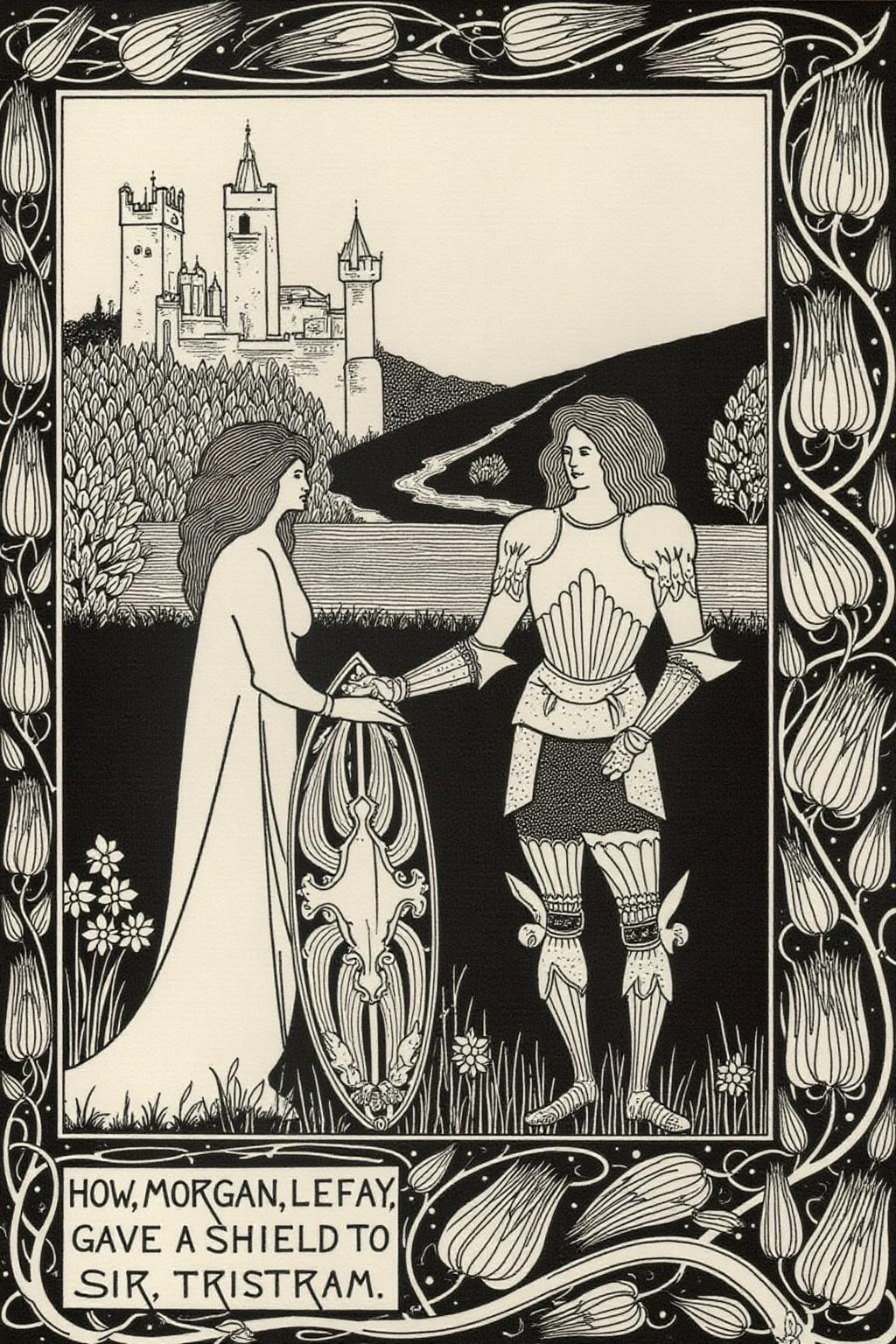 aubea1 illustration. 
A woman and a man in a pastoral landscape. 
A knight with flowing hair and a long, ornate armour stands on the right side.
On the left is a woman holding a shield.
There is a castle in the background.
Caption text box at bottom left corner says "HOW.MORGAN.LEFAY.GAVE.A.SHIELD.TO.SIR.TRISTRAM"
 <lora:aubea2_cap_d6a3:1.0><lora:823911754292596383:0>