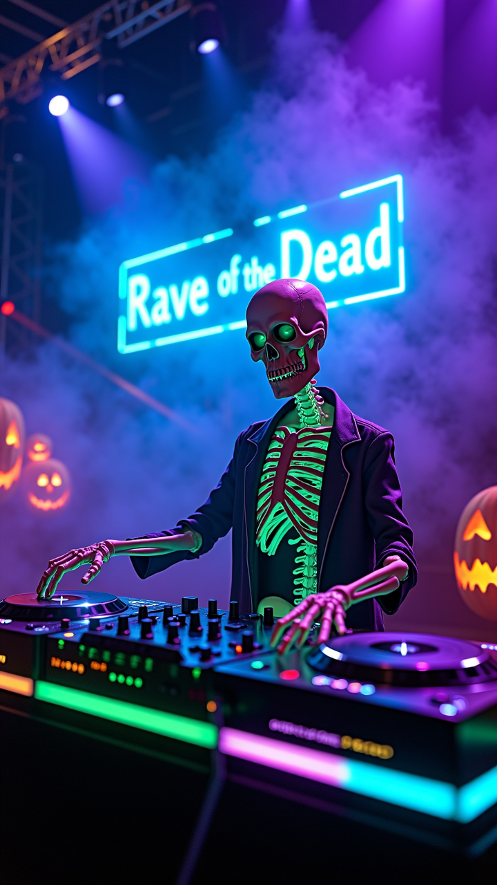 Skeleton DJ at a Haunted Rave: The skeleton DJ is spinning records on a glowing neon green and purple stage, surrounded by fog and lasers cutting through the air. The backdrop pulses with glowing spider webs and eerie pumpkins, and behind him, the words "Rave of the Dead" flicker in electric blue, perfectly in sync with the haunting beat  ,  , aidmaHyperrealism