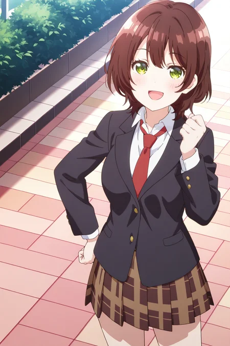 anime screenshot, hinami aoi, 1girl, solo, brown hair, short hair, green eyes, medium breasts, school uniform, blazer, black jacket, white shirt, collared shirt, long sleeves, red necktie, brown skirt, plaid skirt, looking at viewer, smile, open mouth, hand up, clenched hand, hand on own hip, cowboy shot, outdoors, masterpiece, best quality, high quality, highres, absurdres, <lora:hinami_aoi_ILXL:0.9>