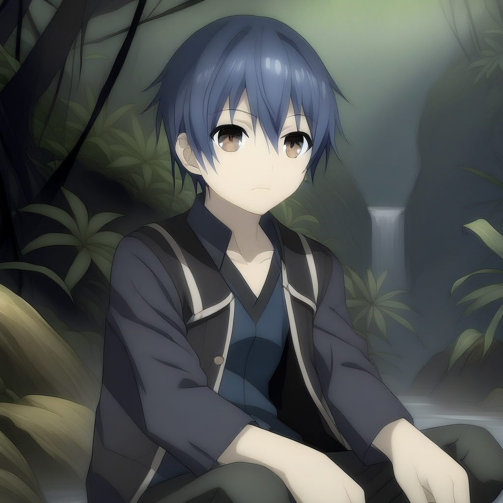 itsuka shido,1boy, solo, brown eyes, blue hair, jungle, stream, sitting, black vest, wind, caustics,