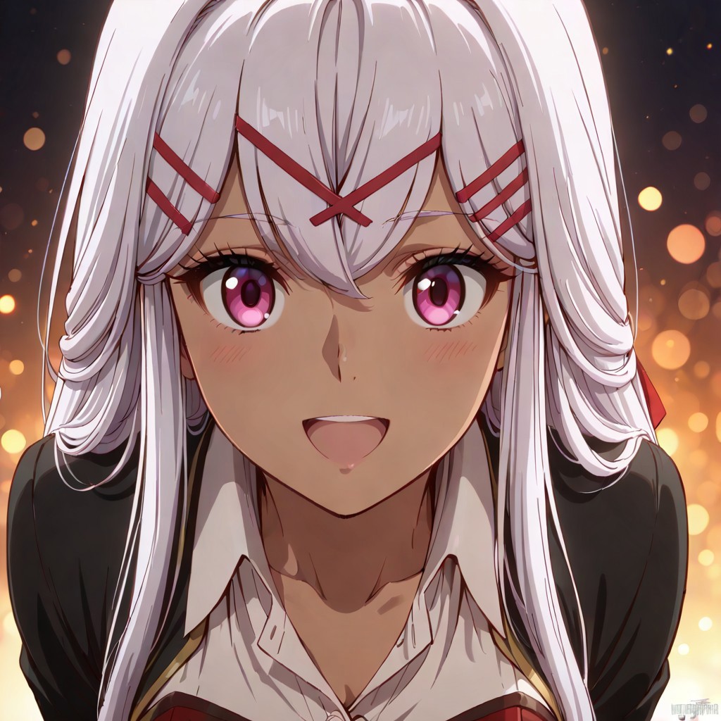 score_9, score_8_up, score_7_up, dynamic view, eye_focus, solo, looking_at_viewer, 1girl, 
masterpiece, best quality, bokeh, luminescent background,
(yulishia,  dark-skinned female, white hair, long hair, hair between eyes, bangs,  purple eyes, hair ornament, hairclip, x hair ornament, hair ribbon, red ribbon, medium breasts,   black jacked, white shirt, collared shirt, wing collar, long sleevs, red dress,  dress skirt, red skirt, black thighhighs, brown boots, scabbard, sword in scabbard, sword,
 ),
portrait, happy,