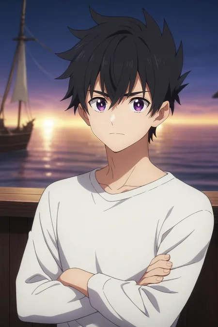 score_9, score_8_up, score_7_up, , rating_safe, , anime screencap, anime coloring, official style, looking at viewer, depth of field, 1boy, solo, male focus, <lora:ryuunosuke_minakata_pony:0.76>, ryuunosuke_minakata, black hair, purple eyes, short hair, bangs, hair between eyes, asymmetrical, pirate ship, night, crescent moon, crossed arms, nervous, , <lora:sdxl_lightning_8step_lora:1>