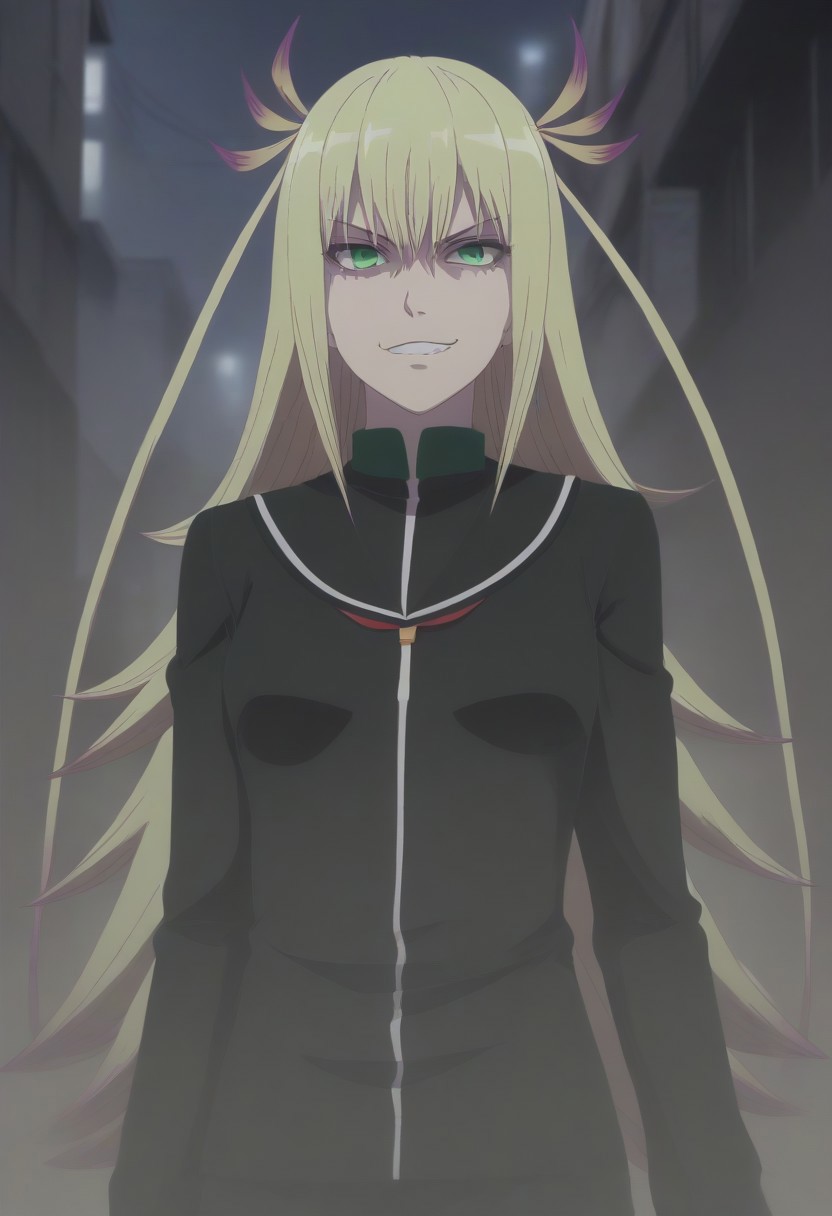 <lora:SlimesKanonIsui:1>, slimes_kanonisui, woman, solo, green eyes, alley background, evil smirk