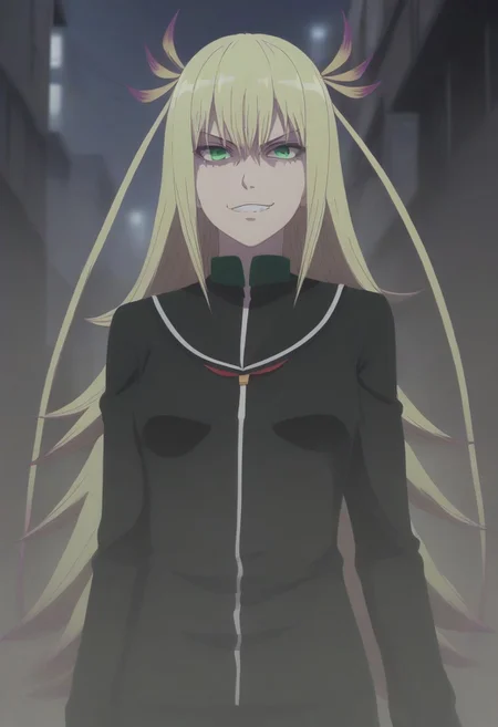 <lora:SlimesKanonIsui:1>, slimes_kanonisui, woman, solo, green eyes, alley background, evil smirk