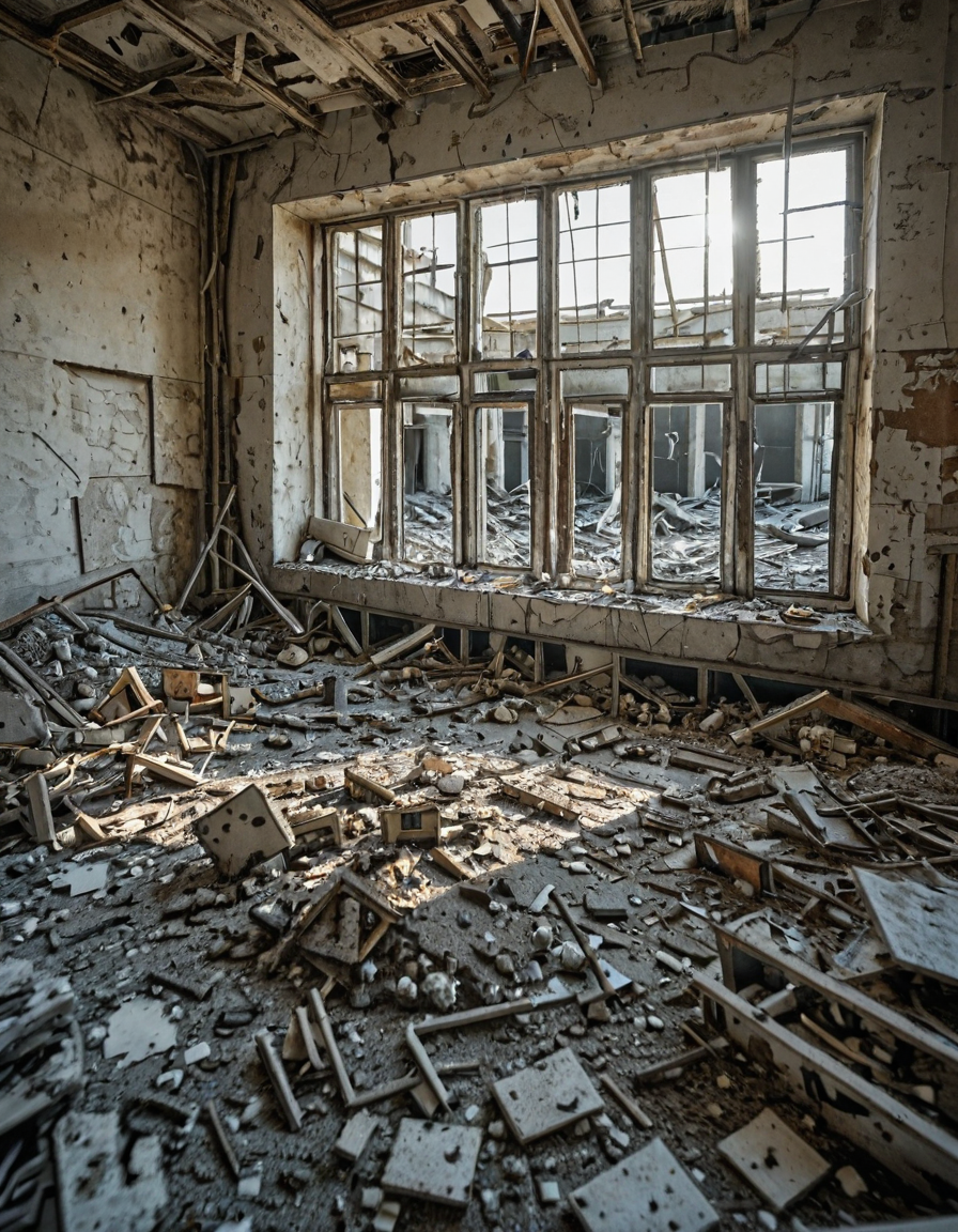 <lora:City_Worlds_02_Lost_Indusinc:1> photo, cw02lost, indoors, abandoned, industrial, decay, cribs, broken furniture, derelict, sunlight, destruction, peeling paint, mold, desolation, toys, dolls, debris, shattered, forgotten, ruin, eerie, broken windows, rust