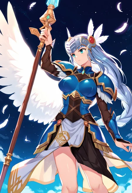 <lora:pony_xl_Lenneth:0.9>,Lenneth,score_9,score_8_up,score_7_up,source_anime,1girl,solo,valkyrie,winged helmet,blue armor,shoulder armor,pauldrons,long_skirt,feathers,angel wings,holding weapon,polearm,spear,night,night_sky,cowboy_shot,from_side,looking_down,aerial,fighting,v-shaped eyebrows,