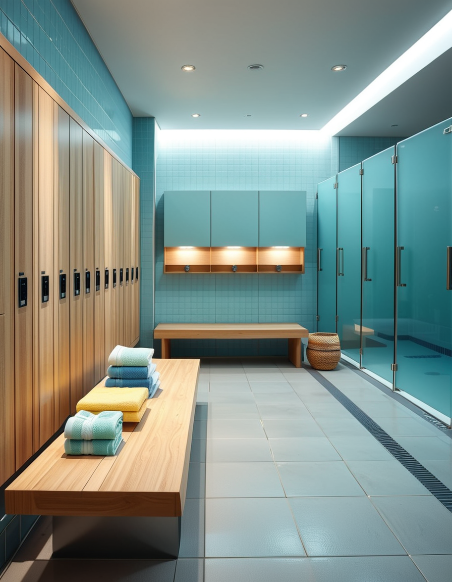 A realistic photograph of a modern swimming pool changing room, featuring clean, sleek design with white tiled walls and light blue accents. Rows of wooden benches with metal frames are neatly aligned in the center of the room. On the sides, there are individual lockers with glossy pastel-colored doors (light blue, mint green, and pale yellow), each with small number labels. Hooks are mounted on the walls, some holding neatly folded towels. The floor is made of non-slip gray tiles, slightly wet, reflecting the soft overhead LED lighting. The atmosphere is fresh and inviting, with a subtle fog from the pool area beyond a frosted glass door at the back. To the left side of the room, a large mirror spans the wall above a counter with built-in sinks, chrome faucets, and a few small bottles of hand soap. A subtle reflection of the interior is visible in the mirror. No people are present in the room. The lighting is bright but natural, as if itâs daytime with soft sunlight filtering through small high windows. The mood is calm, clean, and welcoming, captured with a high-resolution camera in photorealistic style. 
<lora:SDXLFaeTastic2400:0.4> <lora:extremely_detailed:0.4> extremely detailed,<lora:swimming_pool_ch4ng1ng_r00m:1>,swimming pool ch4ng1ng r00m, Masterpiece,best quality,hi res,8k,hi res,8k,award winning,(sharp focus, intricate, highly detailed),