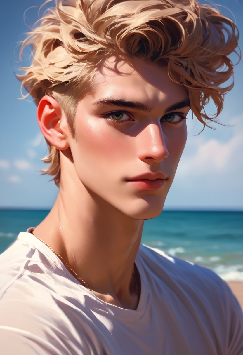 score_9,score_8_up,score_7_up, 20 yo twink posing, headshot, beach, hyperdetailed photography,