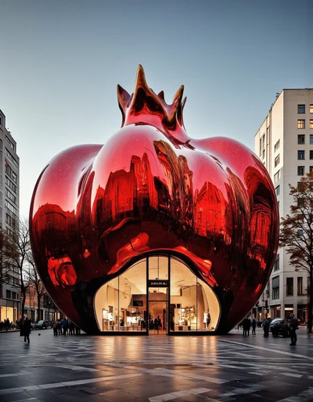 futuristic design. A photo-realistic rendering of a large, shiny, red pomegranate-shaped building in the middle of a city square. the building has a modern, minimalist design with large windows that allow a glimpse of the interior of the store, which is filled with a variety of items such as jewelry, watches, and earrings. The store is situated in the center of the square, surrounded by tall buildings and trees, with a clear blue sky in the background. people can be seen walking around, adding to the urban atmosphere of the scene. the lighting is soft and warm, casting gentle shadows on the building, creating a sense of depth and dimensionality.