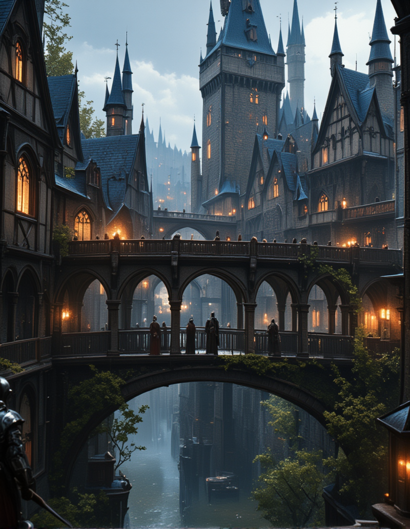 <lora:MW_Minis02flux:1> m1md, medieval, epic, epic details, epic scale, absurdres, outdoors, closeup, arches, medieval city, medieval windows, bokeh, knight guard, on a bridge from side, illuminated windows, lights,