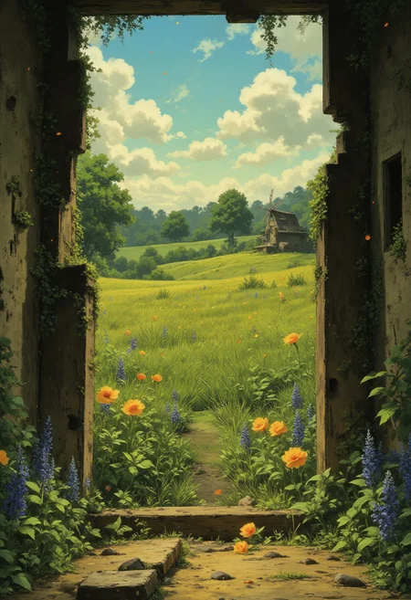 ((anime art style)), painting, high_resolution isometric, trending on artstation ), art, painting, expressive, fine art, visual art, composition, saturation, hue,
sunlight filters through the broken beams of an old farmhouse, casting soft shadows on weathered wooden floors and ivy-covered walls. The crumbling doorway frames a vast meadow stretching into the distance, bursting with golden poppies, violet lupines, and swaying bluebells. A gentle breeze rustles the tall grass, sending petals drifting lazily through the air. Beyond the wildflowers, rolling hills give way to a lone windmill turning slowly beneath a sky brushed with pastel clouds. Distant trees sway at the horizon, their silhouettes softened by the golden afternoon light, blending rustic decay with the meadows dreamlike serenity