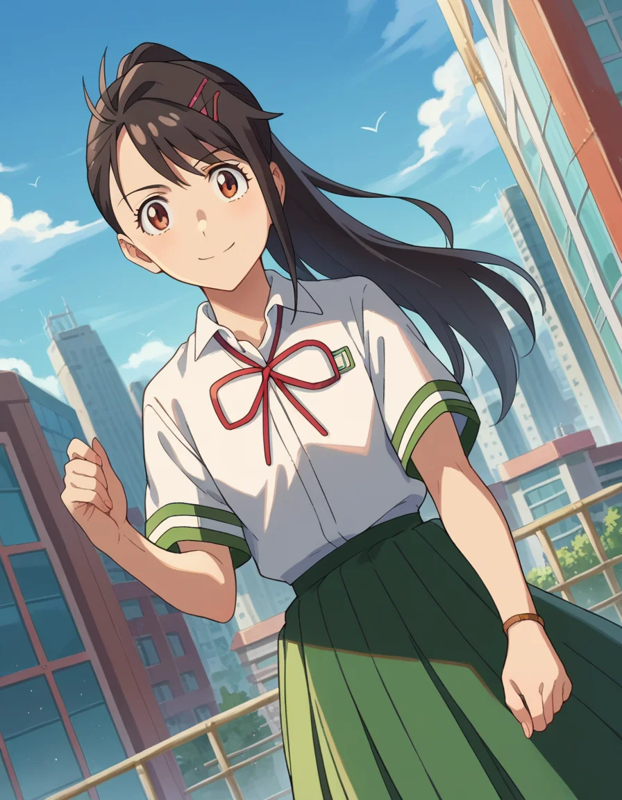 score_9, score_8_up, score_7_up, source_anime,
suzumeiwato, <lora:suzume-iwato-ponyxl-lora-nochekaiser:1>,
suzume iwato, long hair, black hair, hair ornament, brown eyes, hairclip, ponytail, smile,
skirt, shirt, ribbon, school uniform, white shirt, red ribbon, green skirt, long skirt,
outdoors, cityscape,
looking at viewer, dutch angle, cowboy shot,