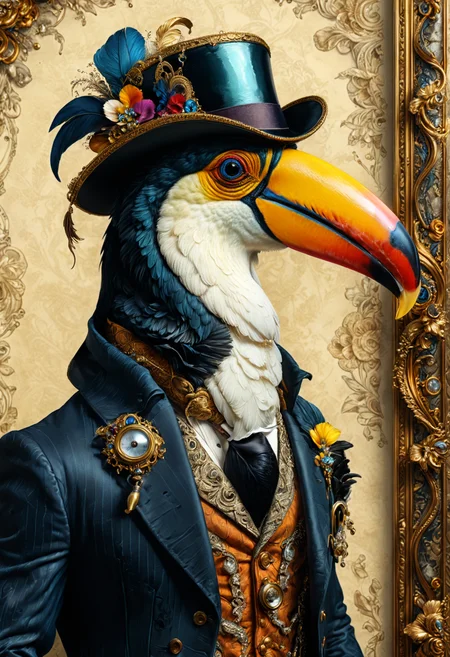 award winning digital art, side portrait of sophisticated toucan wearing a suit and a high hat and a monocle, victorian style, masterpiece, extremely detailed, 32k, UHD <lora:xl_more_art-full_v1:1> <lora:detailed_notrigger:1>