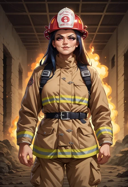 score_9, score_8_up,score_7_up, source_anime, 1girl, black hair, blue hair, very long hair, pink eyes, smirk, dark eyeliner, dark lips, dark makeup, emo girl, facing viewer, mature female, large breasts, EPFireFighter, <lora:EPFireFighterPony:1.0>, wearing EPFireFighter, jacket, brown jacket, pants, brown pants, harness, looking at viewer, walkie-talkie, helmet, red headwear, screenshot from a post apocalyptic film by Christopher Nolan, capture the trauma of fires and smoke, indoors, burning building, smoldering walls, fire, thick foggy smoke, smoke, fog, fire, debris