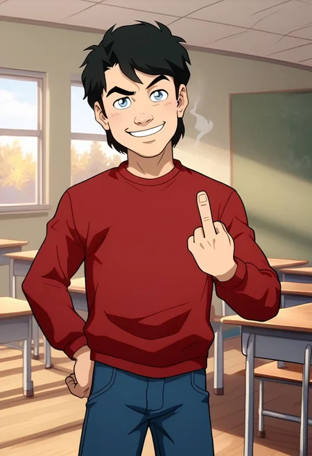 High Quality, Billy batson, small body, solo, 1boy, black hair, blue eyes, red tshirt, bluejeans, young, smoking marijuana, ecstasy face, classroom, raised eyebrow, mischievous smile, looking at viewer, giving middle finger,