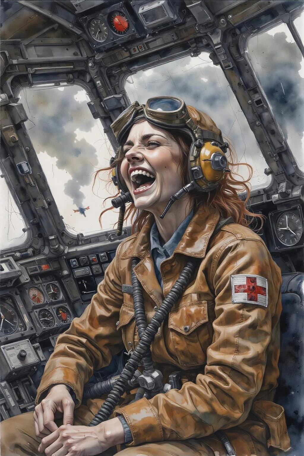 yawc1 watercolor.
a female pilot screaming inside the cockpit of a WWII bomber. The pilot, wearing a vintage leather flight helmet with goggles and a brown bomber jacket, grips the controls with white-knuckled hands. Her face is contorted in a mix of fear and determination as she yells, her eyes wide with adrenaline. The cockpit is cramped and filled with old-fashioned dials and gauges, with the outside view showing dark stormy clouds and distant anti-aircraft fire. The scene is lit by the eerie glow of the instrument panel, casting harsh shadows across her face, emphasizing the intensity and danger of the moment. High contrast, dynamic composition, gritty and realistic, with a cinematic feel. <lora:yawcolor_nocap_d6a3:1.0> <lora:Flux-Sch-SingleBlocks-BF16:1.0><lora:799117732726614924:0>