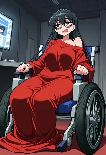 , , masterpiece, best quality,(artist:bongfill:0.6), amazing quality, 1femboy,loser femboy, dark bags under eyes, glasses, brown eyes, medium  black hair,flowing hair,red blanket around body, one bare shoulder,sitting on wheelchair,open mouth, cute face, ,adult:1.1,indoors, news broadcast station ,dynamic angle,, afternoon,volumetric lighting, intricate details,godrays,eyes to the side, looking to the side