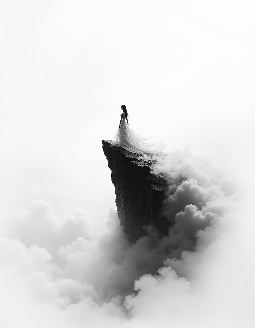 A lone princess standing on a cliff peak emerging from sea of clouds, Chinese ink wash painting style, monochrome with subtle ink gradations, her dress swirls, cliff reduced to a single jagged rock, swirling cloud waves engulfing the base, inspired by Zen Buddhist splashed ink technique, <lora:- Flux1 - vanta_black_V2.0:.3>