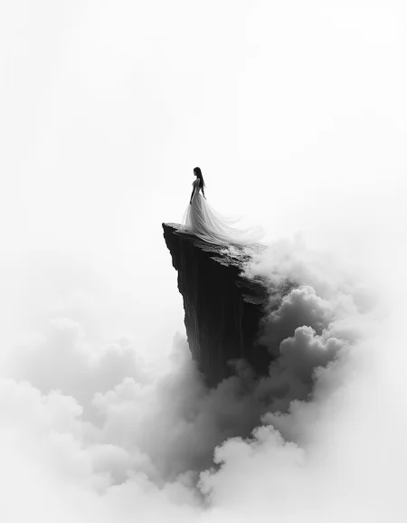 A lone princess standing on a cliff peak emerging from sea of clouds, Chinese ink wash painting style, monochrome with subtle ink gradations, her dress swirls, cliff reduced to a single jagged rock, swirling cloud waves engulfing the base, inspired by Zen Buddhist splashed ink technique, <lora:- Flux1 - vanta_black_V2.0:.3>