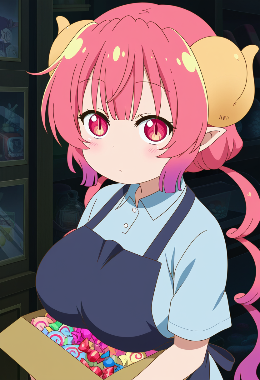 anime coloring, 1girl, ilulu, maidragon, upper body, carrying box of candy, candy shop interior, dark blue apron, blue collared shirt, short sleeves, looking at viewer, dramatic lighting, highres, anime screenshot, official art