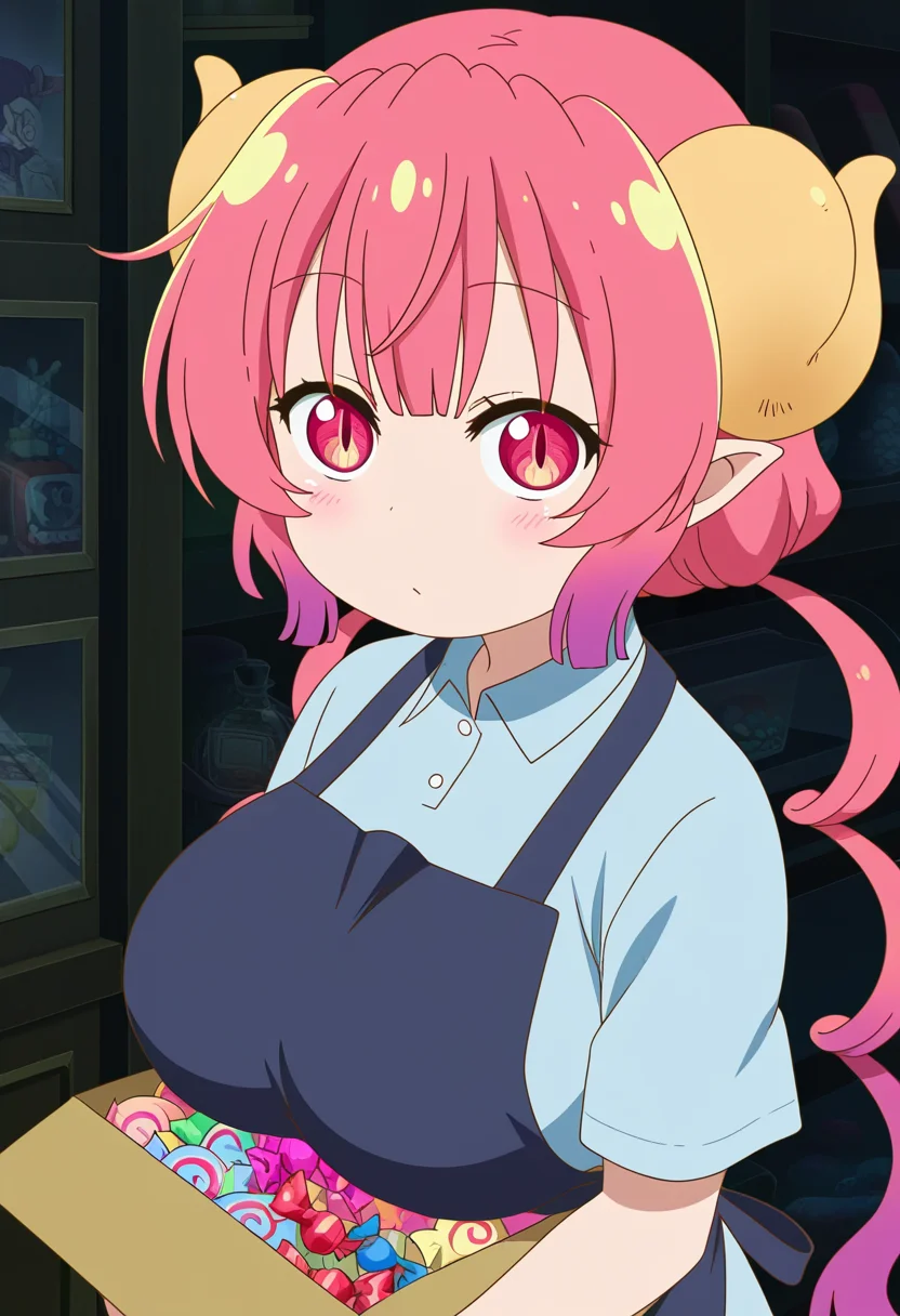 anime coloring, 1girl, ilulu, maidragon, upper body, carrying box of candy, candy shop interior, dark blue apron, blue collared shirt, short sleeves, looking at viewer, dramatic lighting, highres, anime screenshot, official art