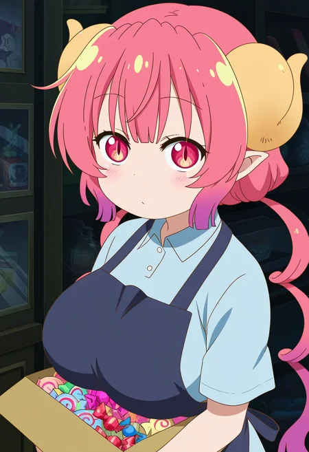 anime coloring, 1girl, ilulu, maidragon, upper body, carrying box of candy, candy shop interior, dark blue apron, blue collared shirt, short sleeves, looking at viewer, dramatic lighting, highres, anime screenshot, official art