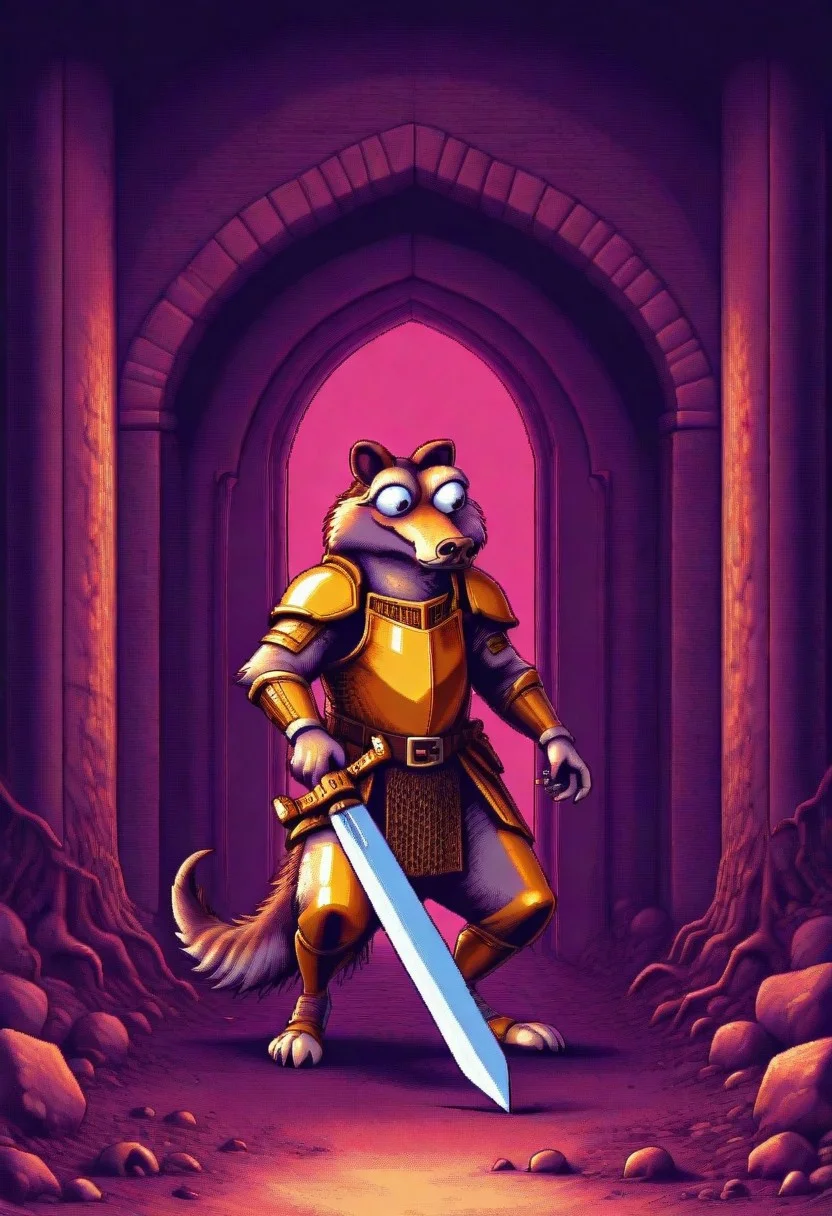 masterpiece, pc98, pixel art, best quality, 1boy, Scrat, long snout, bushy tail, bulging eyes, striped tail, golden armor, holding broadsword, castle gate background, detailed background