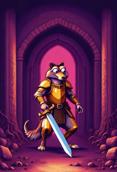 masterpiece, pc98, pixel art, best quality, 1boy, Scrat, long snout, bushy tail, bulging eyes, striped tail, golden armor, holding broadsword, castle gate background, detailed background