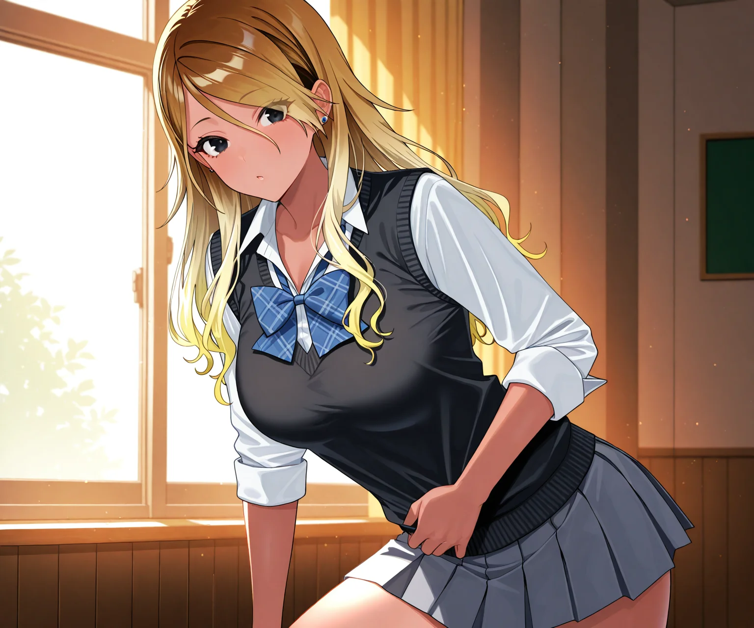 masterpiece, best quality, amazing quality, sfe, 1girl, solo, looking at viewer, <lora:Vanadium style ILL-v2:1.2> vanadiumcjf, izumi mei, dark skin, blonde hair, multicolored hair, gradient hair, long hair, black eyes,gyaru, school uniform, black sweater vest, white shirt, collared shirt, blue bow, plaid bow, sleeves rolled up, grey skirt, pleated skirt, miniskirt