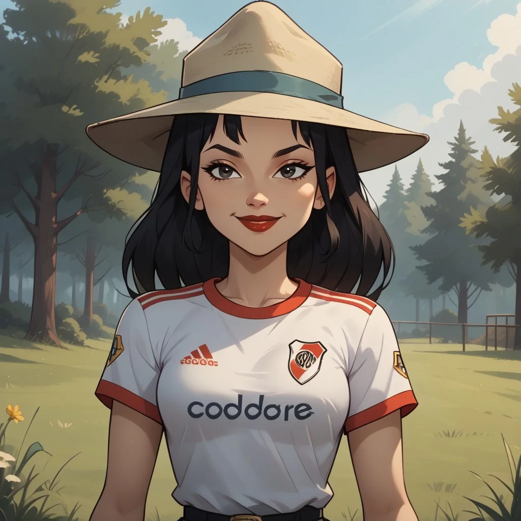 score_9, score_8, BREAK, solo, black hair, fedora hat, RiverPlate, striped shirt, striped, shirt, white shirt, short sleeves, clothes writing, sportswear, soccer uniform, red lips, lipstick, breasts, total drama, Sky_sister_(Total_Drama), cute, sexy pose, self portrait, smile, looking at viewer, outdoors, sunlight, shadows, evening lighting, natural lighting, forest, trees, grass, orange sky, sunset