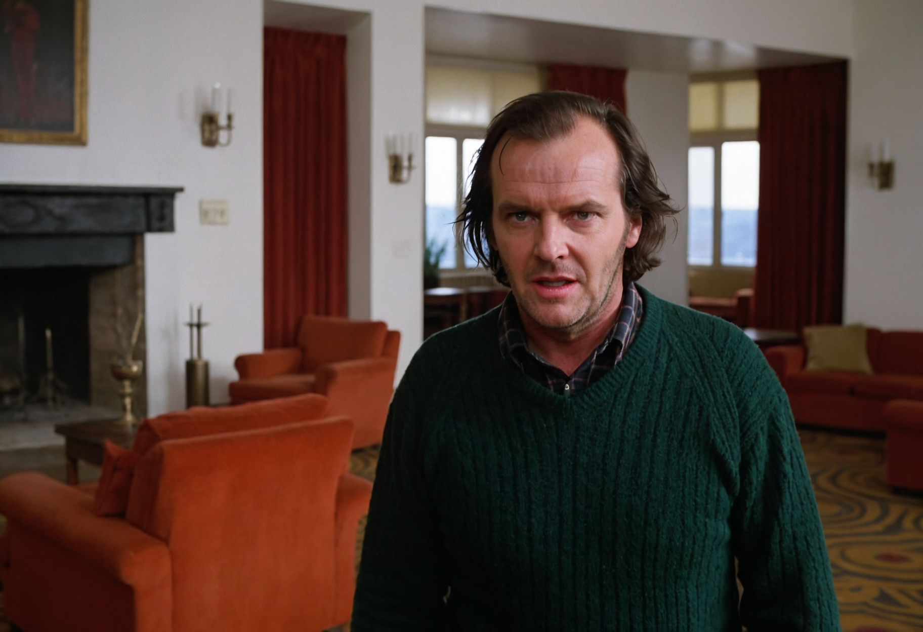Shin1ng, Jack Torrance, man, lounge, Overlook Hotel, indoors, (bright natural light)